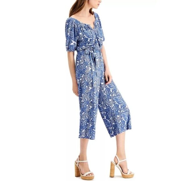 Michael Kors Jumpsuit Pants L Large Colorful Wide Leg Blue White Paisley $135 - Picture 6 of 11